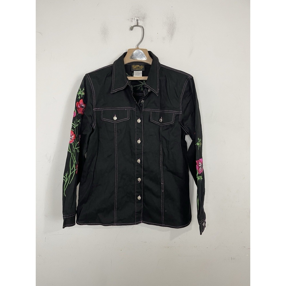 Bob Mackie Women Jacket Medium Black Denim Embroidered Button Up Western Country